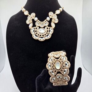 Lonna & Lilly‎ Gold Tone White Bead Frontal Necklace And Bracelet Cuff Bohemian